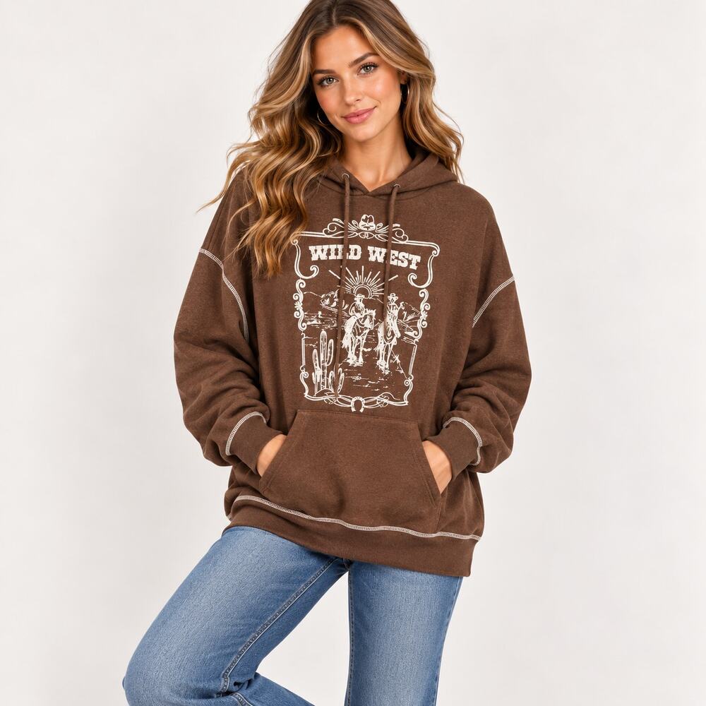 Faded Rose Western Hoodie Sweatshirt Kangaroo Pocket Brown Women's Sz M Cowgirl